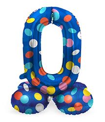 Folat 64780 Birthday Balloon Standing Number 0 Colourful Dots Blue with Coloured Dots 41 cm Decoration Birthday Decoration, Balloon Number, No Helium Required, Colourful