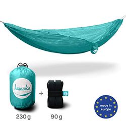 Hamaka bundel: ultralichte hangmat van ripstop parachutezijde + ophangsysteem. In totaal slechts 320 g. Matoppervlak: 285 × 150 cm. blauw (Atlantic)