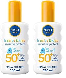 NIVEA SUN Kids Spray solaire Protect & Play Sensitive FPS 50+ (1x200 ml), protection anti UV sans parfum & ultra résistante à l’eau, écran solaire enrichi en aloe vera (Lot de 2)
