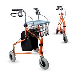 Mobiclinic®, Déambulateur pliant à 3 roues, Panier avec couvercle et sac, Freins sur les poignées, Hauteur réglable, Marque espagnole, Structure légère maniable, Petites, Orange