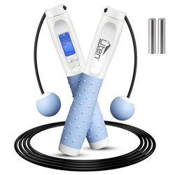 Uten Springtouw met teller, springtouw voor volwassenen en kinderen, touwtjespringen, fitness, verstelbaar, draadloos springtouw, sport met siliconen handvat, wit-blauw