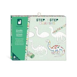 Janod - Step by Step Drawing - Lär dig att rita - 20 Dinos-mallar - barnritningssats - lärande ritning och koncentration - Från 6 år - J09154