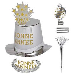 Widmann 8008F - Bonne Année Party Kit voor 10 personen, unisex volwassene, 5 cilinders, 5 kronen, 5 klanktrompetten, 5 klanktongen, 10 slingers, oudejaarsavond, zilverkleur