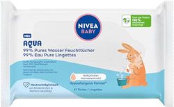NIVEA Baby Aqua chusteczki nawilżane dla niemowląt, do delikatnego czyszczenia wrażliwej skóry, hipoalergiczne i bezzapachowe chusteczki nawilżane dla niemowląt, 99% wody (1 x 57 sztuk)