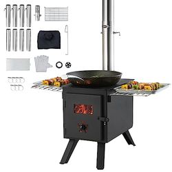 VEVOR Camping houtkachel, gelegeerd staal, campingtentkachel, draagbare houtkachel met schoorsteenpijpen en handschoenen, 1400 in³ vuurhaardkachel voor buiten koken en verwarmen met 8 pijpen