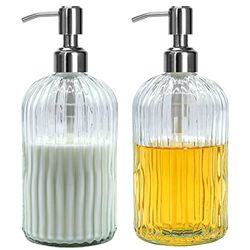 owandan Dispenser di sapone da 510,3 g, confezione da 2 piatti in vetro trasparente per dispenser di sapone da bagno con pompa in acciaio inossidabile, bottiglie decorative ricaricabili per liquido da