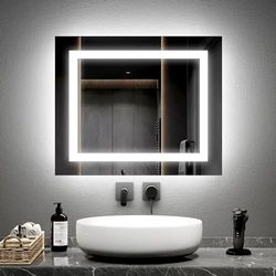 EMKE Espejo Luminoso baño 50x60 cm con Interruptor de botón, antiniebla, Dos Colores luz Blanca fría 6500K/caliente 3000K Espejo baño con función Memoria