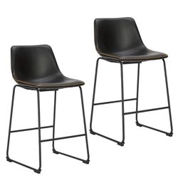 NEWBULIG Zestaw 2 stołków barowych z oparciem, skórzane krzesło barowe Matel do baru Bistro kawiarni, kuchni, wysokość siedziska 66 cm, kolor czarny
