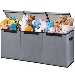 BAKAJI Boîtes de rangement pour enfants, boîte de rangement avec couvercle et 3 compartiments, porte-jeux de chambre pliable en TNT, boîtes de rangement capacité 118 litres, 91,5 x 32 x 40,5 cm (gris)