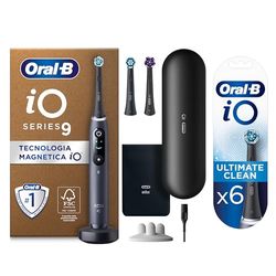 Oral-B Spazzolino Elettrico iO9 e Ultimate Clean Testine Spazzolino Elettrico, 3+6 Testine, 1 Spazzolino, Sensore di Pressione, Display Interattivo, 7 Modalità, Custodia da Viaggio, Nero, Idea Regalo