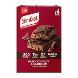 SlimFast Dark Chocolate & Cranberry Meal Bar, 15 g Protein, 200 Calories, 27 Vitamins & Minerals, Meal Replacement for Weight Management or High-Protein Snack for Work, Gym & Travel, 4x60 g