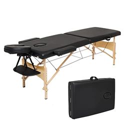 Meerveil Mobiele massagestoel, inklapbaar, 2 zones, in hoogte verstelbaar, inklapbaar, van hout, massagetafel, voor behandelingssalon, met hoofdsteun, armleuning, zwart