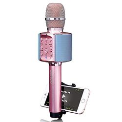 Lenco BMC-090 - Micrófono Karaoke - Bluetooth V4.2 - Con soporte para smartphone - 5 vatios RMS - Efectos de luz LED - Batería integrada con 1200mAh - Android y iOS - Rosa
