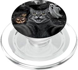 Funny Cat Selfie with a Witch & Ghost Scary Halloween PopSockets PopGrip for MagSafe