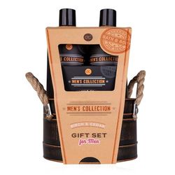 Accentra Men's Collection Gift Set in Tin Bucket, Includes 300 ml Body Wash, 300 ml Shampoo, 100 g Soap, 15 g Mesh Sponge, Birch & Cedar Fragrance, Brown