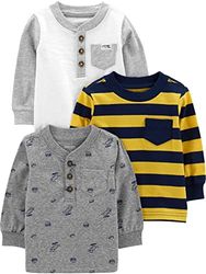 Simple Joys by Carter's Baby Boys' Long-Sleeve Shirts, Pack of 3 T, Grey Dinosaur/White/Yellow Stripes, 3 Years