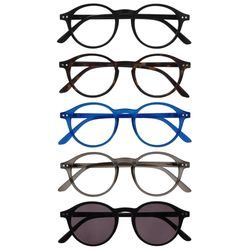 OPULIZE REY Occhiali da Lettura e da Sole - Pacco da 5 - Montatura Rotonda - Nero Opaco, Marrone, Blu, Grigio, Nero - Uomo Donna - RRRRS56-12371 - +1.00