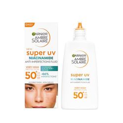 Garnier UV-solskyddsvätska för orenheter benägen hud, mycket högt solskydd med SPF 50+, osynlig finish, Ambre Solaire Super UV Niacinamide Daily Fluid, 1 x 40 ml