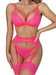 popiv Women's 4 Pieces Exotic Lingerie Set Strappy Fishnet Lingerie Lace Bra and Panty Sets High Waisted Mesh Underwear, Pink, XL