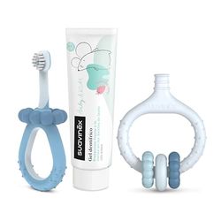 Suavinex, Set per iniziare l'Igiene Dentale, Include: Spazzolino da Denti per Neonati + Massaggiatore per Gengive + Dentifricio per Neonati, Manici Ergonomici, Uso Quotidiano, +0 Mesi, Blu