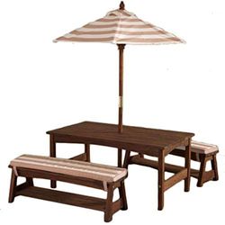 KidKraft Wooden Garden Table and Bench set for Kids with Cushions and Parasol, Outdoor Garden Furniture For Children - Beige and White Stripes, 00500