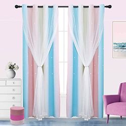 TOPCHANCES Stars Curtains for Kids Girls Bedroom Curtain Hollow-Out Princess Star Window Curtains Double Layer Blackout Curtains for Home Living Room 1 Pair