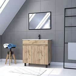 AURLANE Meuble Salle de Bain 80x80 - Finition Chene Naturel + Vasque Blanche + Miroir - Timber 80 - Pack25