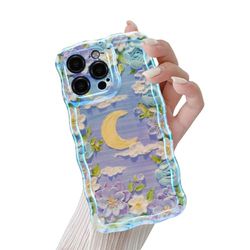 QLTYPRI Custodia per iPhone 16 Pro Max, colorata al laser, modello retrò pittura a olio con motivo floreale, nuvole e luna, bordo ondulato, per ragazze e donne, cover protettiva in poliuretano