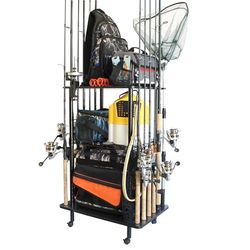 Rush Creek Creations 12-Rod Rolling Fishing Gear Tackle Cart, Hengel Visgerei Opbergkar met 12 Zoetwater Hengel Clips, Zwart