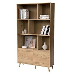 MUEBLES PITARCH Boekenkast voor woonkamer, kantoor of kantoor, 2 deuren en 3 planken, poten, eiken, goud, 179 x 100 x 30 cm (H x B x D), modern, Scandinavisch, elegant, robuust, model Oslo