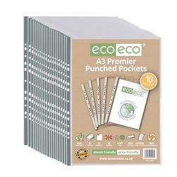 eco-eco A3 Portrait 100% Recycled Premier Multi Punched Pockets Glass Clear, Transparent Poly Wallet Sheet Protector, 90 Microns (Pack of 200), eco013x20