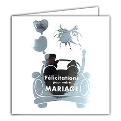 AFIE 22241 Tarjeta cuadrada Felicitaciones para su boda coche de los novios plateado brillante con sobre blanco 15x15cm pareja ramo globos corazones creación edición impresión fabricación francesa