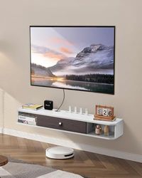 VEVOR Zwevende tv-standaard, 47 inch wandmontage, entertainmentcentrum met kabelgat, moderne zwevende tv-plank met opbergkast, spaanplaatconsole voor dvd-speler, kabelbox, gameconsole, wit