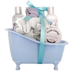 Cofanetto bagno in cotone – gel doccia 210 ml, latte corpo 210 ml, burro corpo, sapone, sale da bagno 100 g, fiore da massaggio, regalo donna bellezza, cura corpo, kit cocooning vasca da bagno vintage