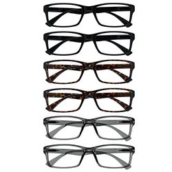OPULIZE Pep Occhiali da Lettura Confezione da 6 Classic Everyday Telaio Rettangolare Resistente ai Graffi Primavera Cerniere Uomo Donna RRRRRRR92, Nero/Marrone/Grigio