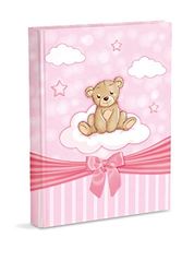 Album photo de naissance avec agenda 23 x 30 cm 56 pages vierges et 4 pages personnalisables en carton épais et résistant entrecoupées de parchemin, ours en peluche rose