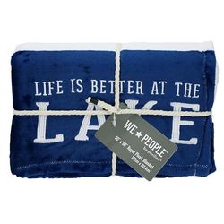 Pavilion Gift Company Life Is Better At The Lake-Blue & White Super Soft 50 x 60 Inch Striped Throw Embroidered Text 50" x 60" Royal Plush Blanket, Blue