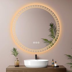 EMKE Specchio da bagno rotondo retroilluminato a LED, diametro 80 cm, con antiappannamento+interruttore a sfioramento+3 colori di luce variabili, specchio decorativo rotondo alla moda