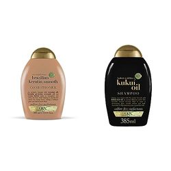 OGX Brazilian Keratin Smooth Conditioner for Dry Hair, 385ml & Kukui Oil Shampoo for Frizzy Hair, 385ml