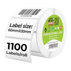 Double Dragon, 1,100 Direct Thermal Labels, 60mm x 30mm | Premium Coated, Self-Adhesive White Stickers | Scratch Resistant | Compatible with Zebra, MUNBYN, Rollo, Toshiba, Citizen Printers
