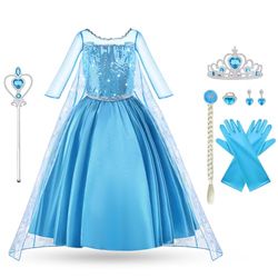 Vicloon Elsa-kostuum, prinsessenkostuum voor meisjes, met accessoires, Elsa-kostuum voor meisjes, Elsa-kostuum met kroon en toverstaf, prinsessenkostuum, Halloween-kostuum, Blauw 2, 100 cm