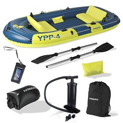Hoberg Bateau pneumatique 4 Places YPP-4" | pour 4 Personnes | Dimensions 322 x 165 cm & Charge maximale 360 kg | avec 2 bancs, 2 pagaies, Pompe, kit de réparation & Autres Accessoires [Bleu/Jaune]