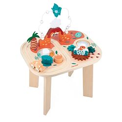 Janod Table Dinosaur-8 zajęć Pierwsza epoka przebudzenia-rozwija umiejętności motoryczne i zręczność-drewniana zabawka FSC-od 12 miesięcy, J05825, Wielokolorowa, Medium