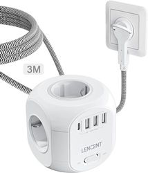 LENCENT 8 in 1 Multipresa Cubo da 3M, Multipresa Elettrica con Spina Piatta, 4 Prese AC(2500W 10A), 3 USB-A e 1 USB-A, Multipresa Cubo Salvaspazio con Interruttore per Ufficio e Casa