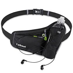 Labeol - Cinturón de hidratación para botella de agua para correr con soporte para botella de agua, riñonera reflectante ajustable con portabotellas, compatible con teléfono cinturón de correr, negro,