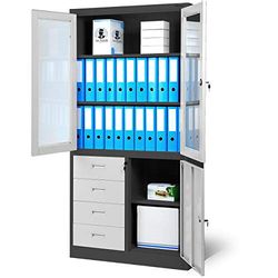 Jan Nowak Armoire de Bureau C042 Armoire Métallique avec 4 Tiroirs Portes battantes Revêtement en Poudre Tôle d'acier 185 cm x 90 cm x 40 cm (Anthracite/Blanc)