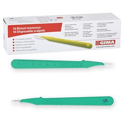 Gima - Bistouris en Acier Inoxydable, Manche en ABS, Stérile et Jetable, Premium, Protège-lame de sécurité, Taille n. 15c, 10 scalpels emballés individuellement.