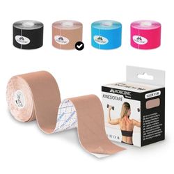 Mobiclinic®, Bande de kinésiologie, Neuro-musculaire adhésive, 5m x 5cm, Sport tape, Soulagement des douleurs musculaires, Adapté à plusieurs zones, Kinesiotape, Face (Beige)