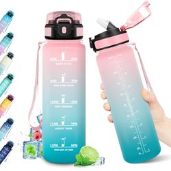 Borraccia 1L, Borraccia con Cannuccia e Marcatori Temporali, Bottiglia Riutilizzabile, senza BPA, Bottiglia Acqua A Prova di Perdite, Borraccia Motivazionale per Fitness, Scuola, Ufficio, Yoga