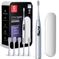 Oclean Spazzolino elettrico X Series Pro Digital Gift Set, 6 Teste di spazzole, Custodia da viaggio, Touch screen intelligente, 3 Modalità, 30 Giorni, IPX7,Argento